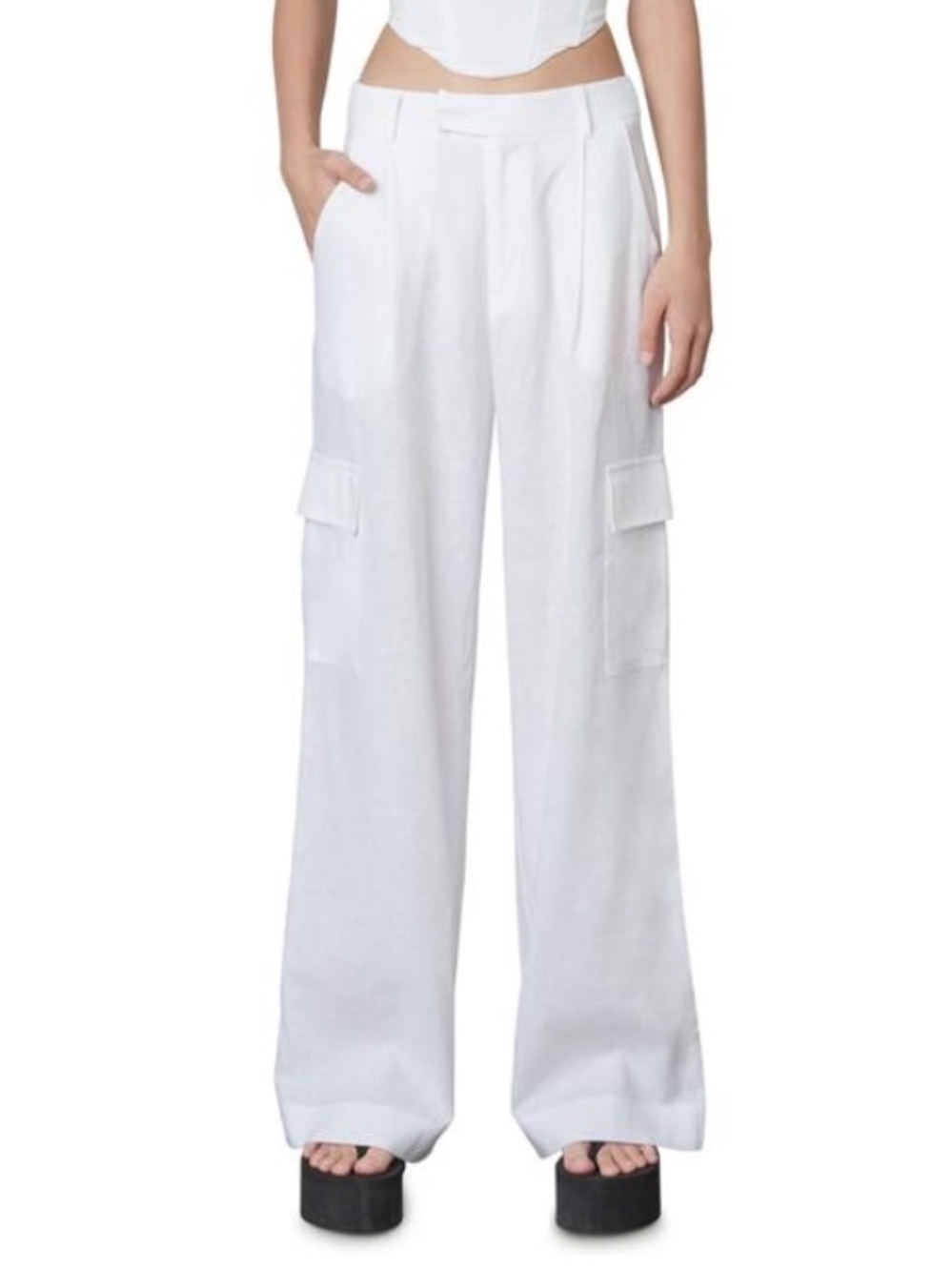 NIA Women L White Linen Blend Mid-Rise Wide Leg Campari Cargo Trouser Pant NWT